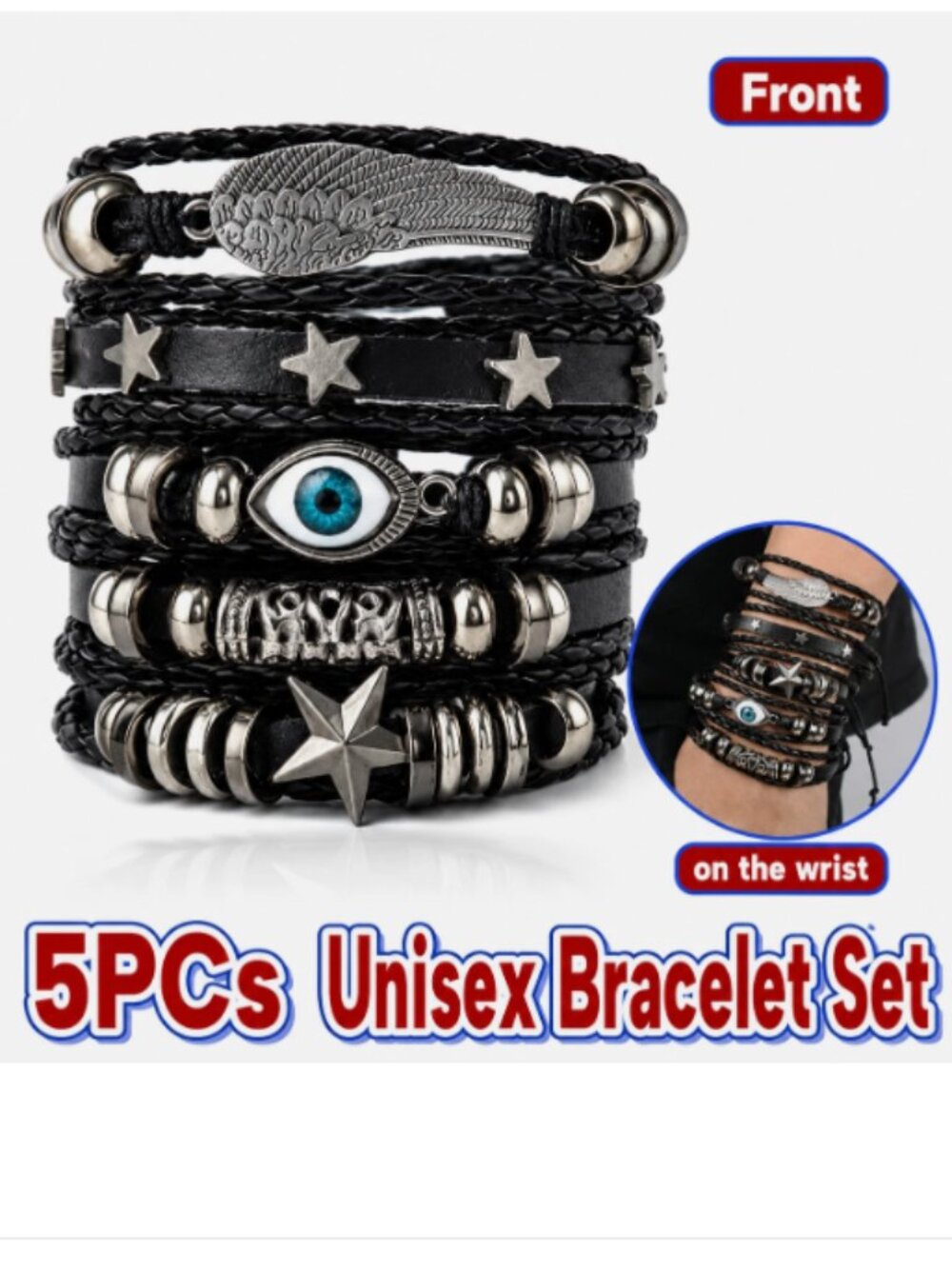 5x Set Unisex Evil Eye Bracelet Faux Leather Braided Star Charm Stack Adjustable